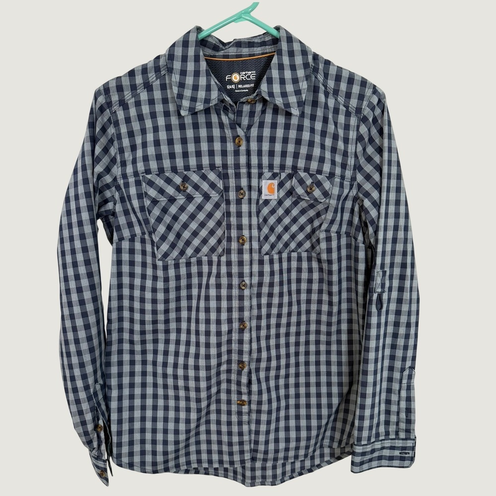 Carhartt Force Womens Relaxed Fit Gingham Plaid Button Down Shirt Navy Small 4/6
